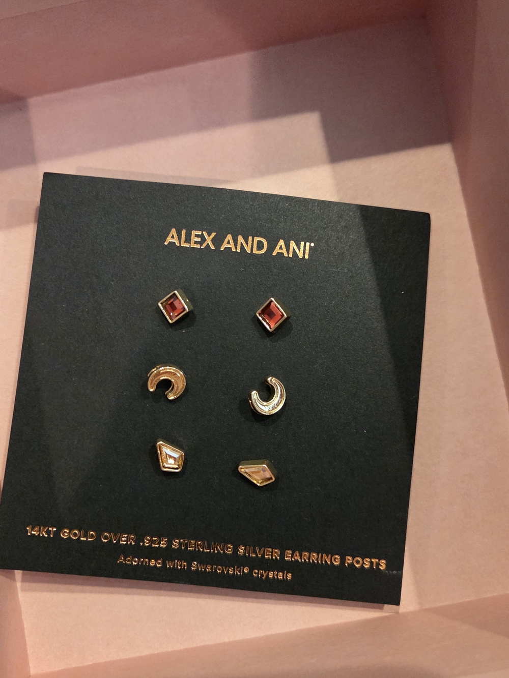 Alex and Ani Gold Tone Mixed Shape Stud Earring Trio with Red Accents